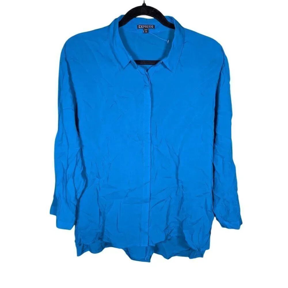 Express Shirt Top Long Sleeve Blue Button Up Women's Large